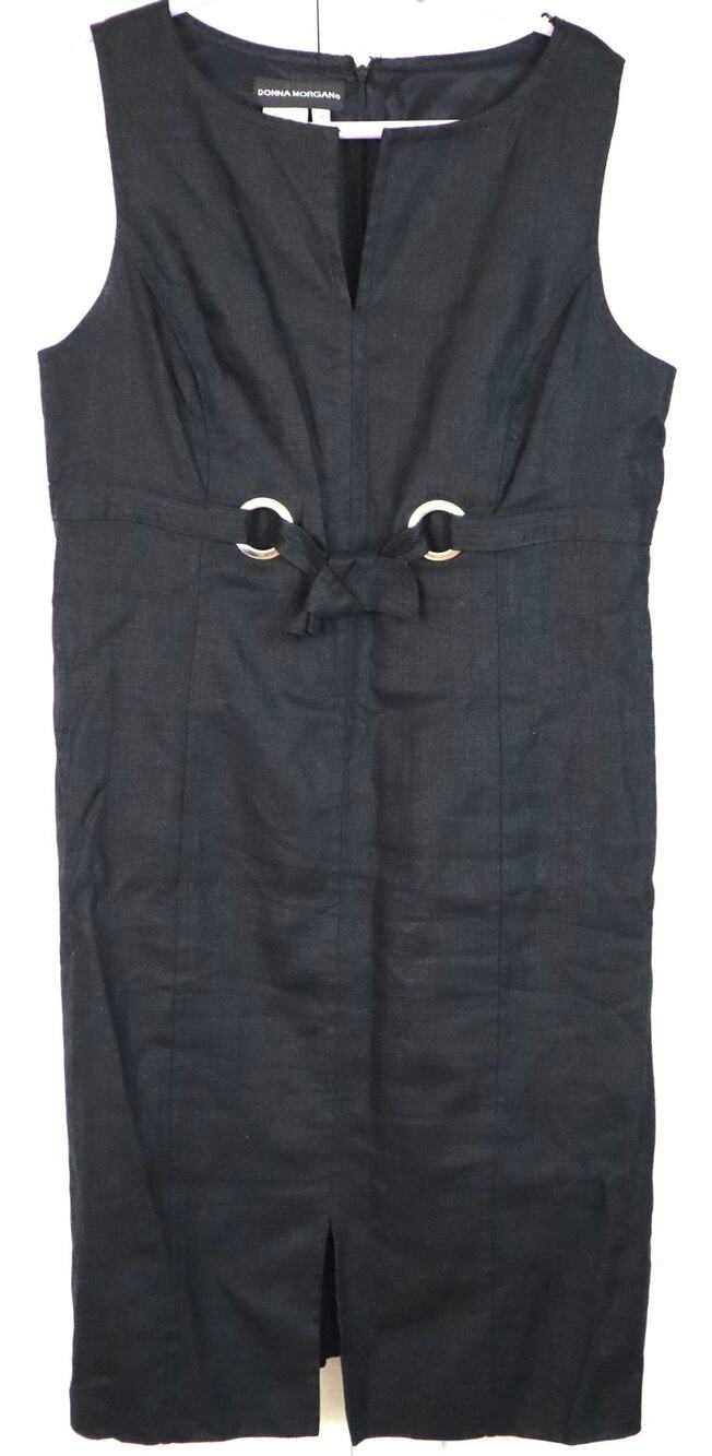 Vintage 90s Black LINEN Dress Belted Sleeveless Plus 16 Shift Summer Minimalist